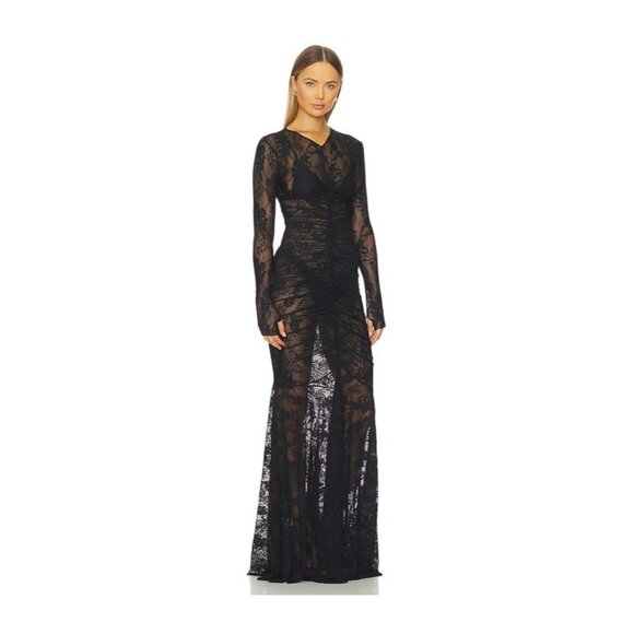 Norma Kamali Long Sleeve V Neck Shirred Front Fishtail Gown in Black Medium New - Picture 10 of 16